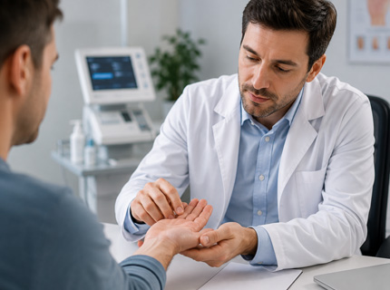 پزشک در حال بررسی و درمان تعریق بیش از حد کف دست یک بیمار